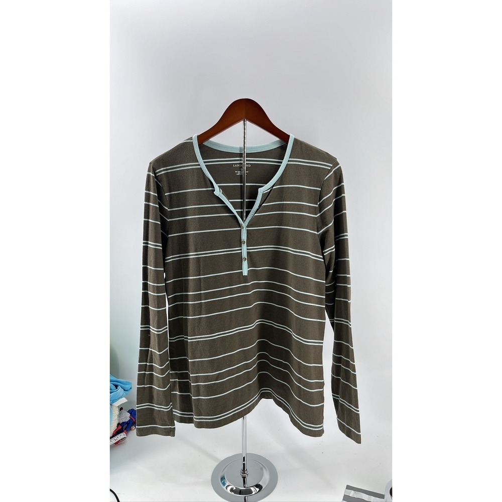 Lands End WOMEN XL Long Sleeve Striped Henley Brown Blue Cotton